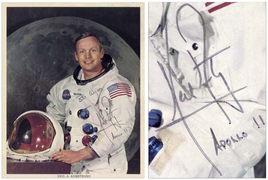 Neil Armstrong Signed 8'' x 10'' Photo in His White Spacesuit, Without Inscription -- Armstrong Also Writes His Mission ''Apollo 11'' Below His Name -- With Steve Zarelli COA